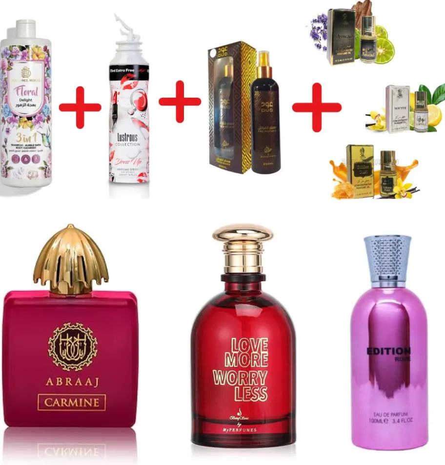 Fragrance World Abraaj Carmine + Fragrance World Edition Rose + Otoori Oud + My Perfumes Lustrous Collection Dress Up Women + Fragrance World Floral Delight + My Perfumes Love More Worry Less + 3 μίνι αρωματικά έλαια