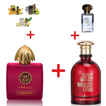 Fragrance World Abraaj Carmine + Τα αρώματά μου Love More Worry Less + Otoori Jameela + 3 μίνι αρωματικά έλαια